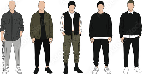 Modern casual men fashion illustration set with trendy urban outfits, jackets, sweater and streetwear style, male characters vector isolated on white