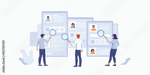 Team members reviewing candidate profiles on multiple digital devices