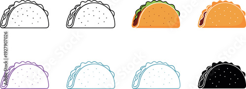 Taco Icon Set in Outline and Filled Styles Featuring Mexican Food Symbols for Restaurant Menus, Food Apps, Logos, Stickers, and Vector Designs