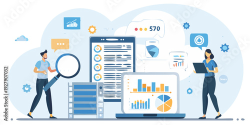 Data analysis and cloud computing illustration with people and technology