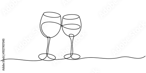 Two wine glass single line icon. Continuous one line drawing of wine glasses vector illustration, wine glass continuous one line drawing, Continuous one line drawing of abstract pouring wine