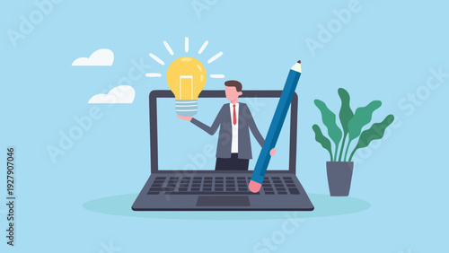 A person presenting a glowing lightbulb emerging from a laptop screen