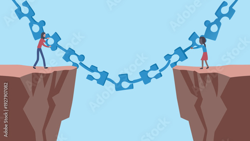 People connecting puzzle pieces to bridge a gap between cliffs