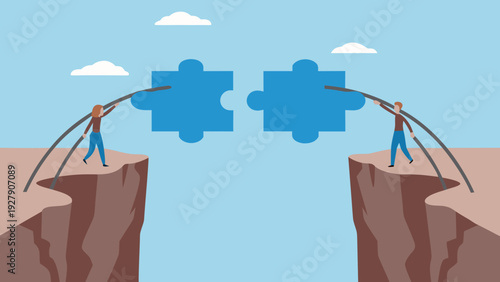Two figures connect puzzle pieces over a vast canyon gap