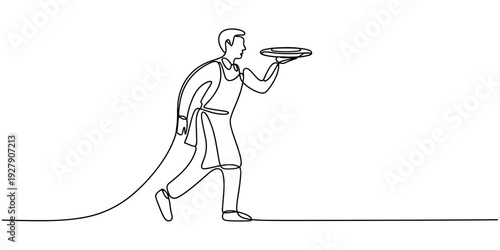 continuous line of restaurant waiter carrying food with silver cover.one line drawing of restaurant waiter.