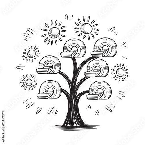 A whimsical illustration depicts a tree with cricket helmets as fruit a playful sporting concept high quality