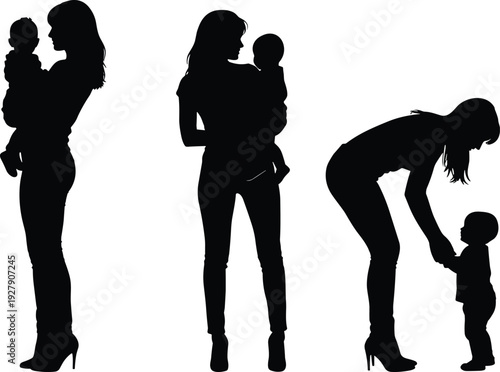 Mother and baby silhouettes collection showing loving parent holding child and helping toddler walk, family care concept isolated on white background