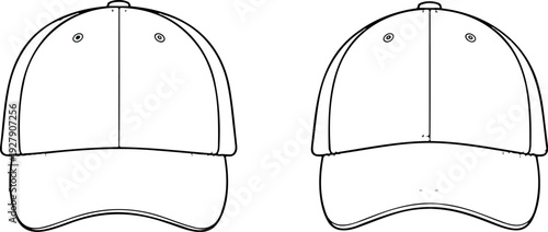 Baseball Cap Vector Flat Fashion Sketch Hat Outline Drawing Technical Design Template Front and Side View Adjustable Headwear CAD Illustration