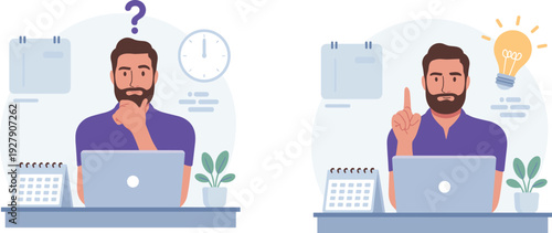 Man thinking and finding idea concept, businessman working on laptop problem solution scene, creative thinking icons, flat vector illustration