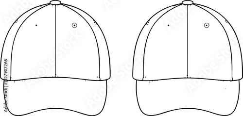 Baseball Cap Vector Flat Fashion Sketch Hat Outline Drawing Technical Design Template Front and Side View Adjustable Headwear CAD Illustration