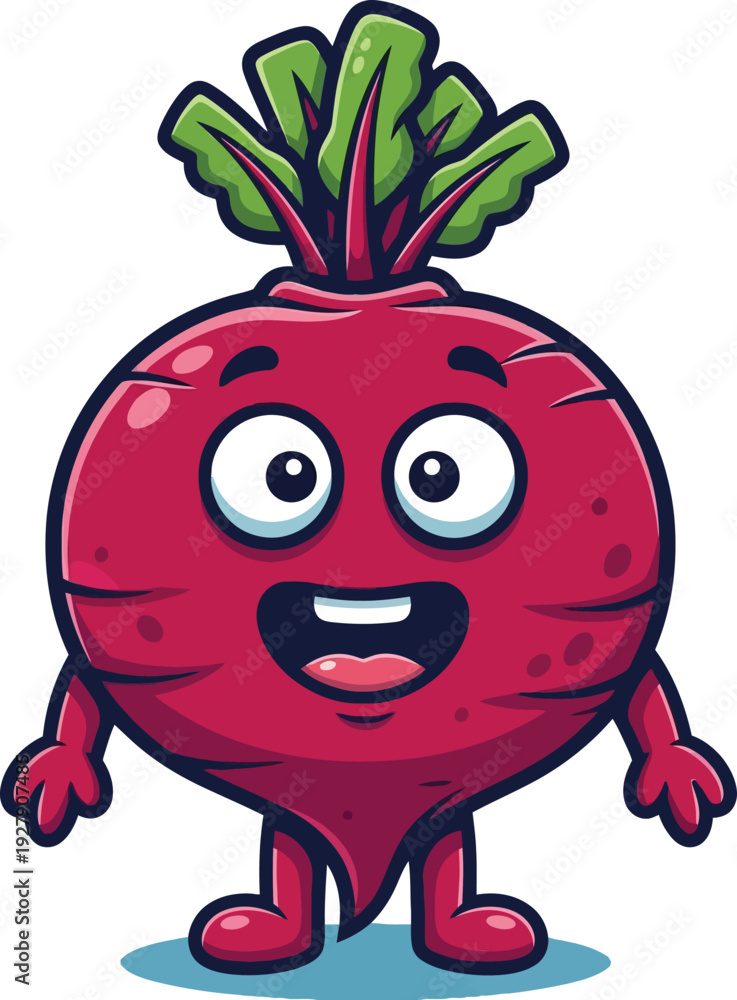 Fototapeta premium Cartoon beetroot character with green leaves and smiling face vegetable