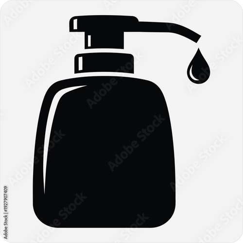 Black and white soap dispenser icon with a drop of liquid