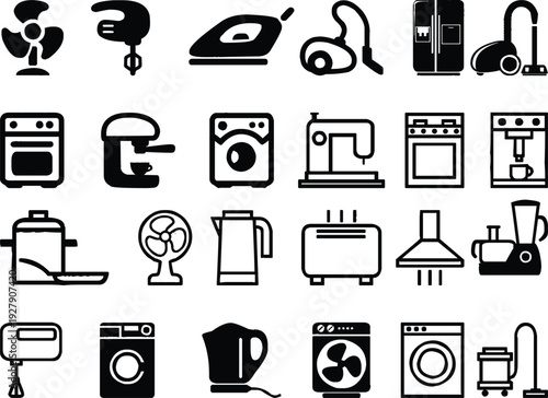 Varied collection of 24 household appliance icons in mixed styles, including bold silhouettes, linear outlines, and detailed symbols for domestic utility design.