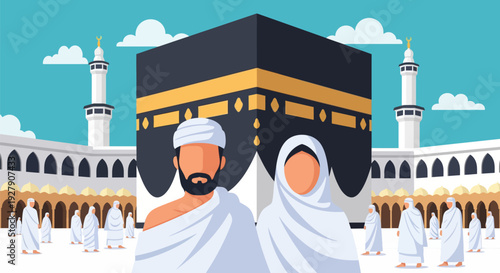 Hajj Pilgrimage: Muslim Couple in Ihram at Sacred Kaaba in Mecca. Flat Vector Illustration of Islamic Journey at Masjid al-Haram.