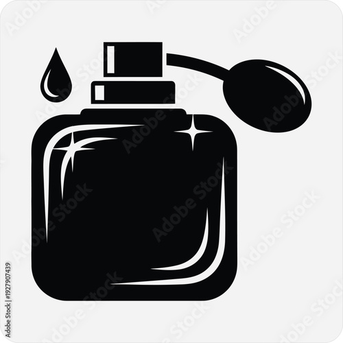Black and white perfume bottle icon with spray nozzle and drop
