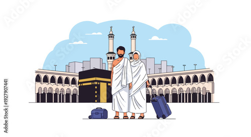 Muslim Couple on Hajj or Umrah Pilgrimage in Mecca, Standing Before the Kaaba, Representing Spiritual Journey and Devotion