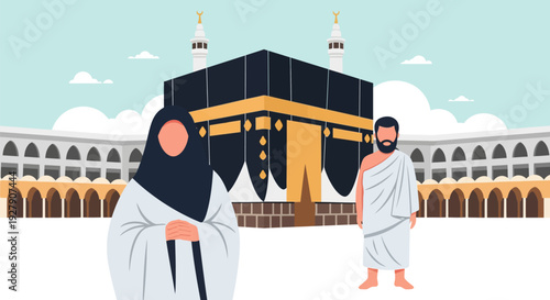 Hajj and Umrah Pilgrimage: Muslim Couple at Kaaba, Mecca. Islamic Holy Journey Illustration with Man in Ihram and Woman in Abaya
