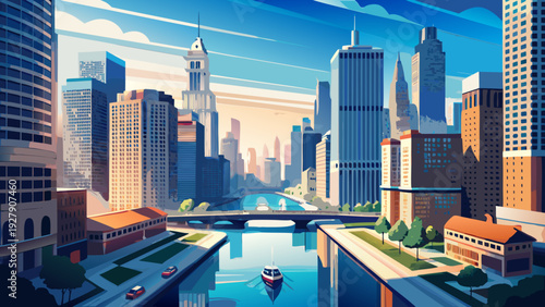 Very beautiful morning aerial portrait of Chicago River weaving through downtown skyscrapers, boats moving beneath historic bridges under clear blue Illinois sky.