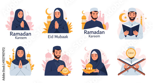 Islamic Celebrations & Religious Practices: Ramadan Kareem, Eid Mubarak, Zakat, Quran Reading Flat Vector Illustrations Set