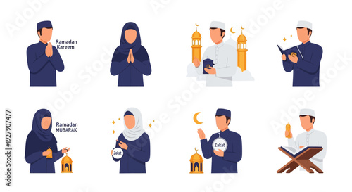 Ramadan Kareem & Mubarak Greetings, Islamic Worship & Zakat Flat Illustrations Set. Muslim characters celebrating holy month with prayer, Quran, and charity.