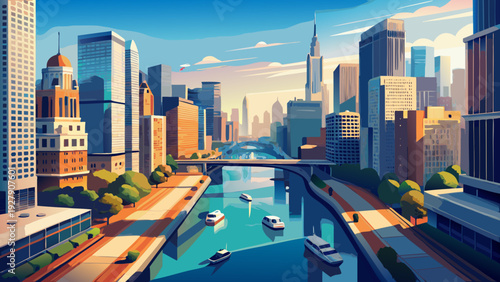 Very beautiful morning aerial portrait of Chicago River weaving through downtown skyscrapers, boats moving beneath historic bridges under clear blue Illinois sky.