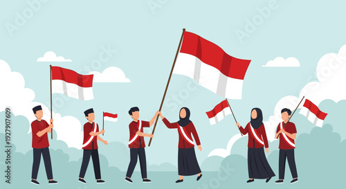 Proud Indonesian People Waving National Flags - Unity, Patriotism, and Independence Day Celebration Vector Illustration