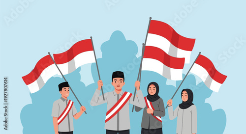 Patriotic Indonesian People Waving National Flags for Independence Day Celebration