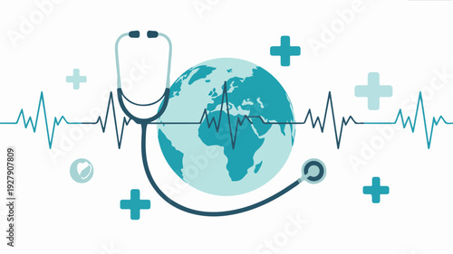 Global healthcare concept with stethoscope around earth map on white background with medical symbols and ecg line