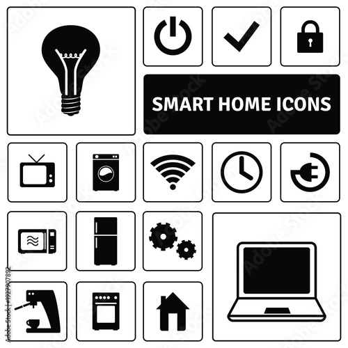 Minimalist square grid of 14 black and white smart home icons, featuring lighting, connectivity, security, and major domestic appliances.