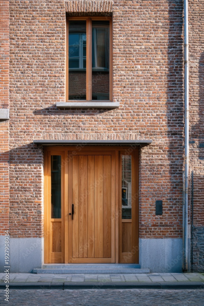 Fototapeta premium A front view captures a wooden door set within a brick wall, showcasing an urban environment bathed in daylight, with a clear blue sky and building details in the background