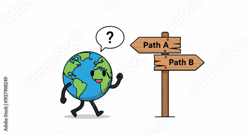 A cartoon globe with a questioning expression stands beside a signpost with two paths on a white background.
