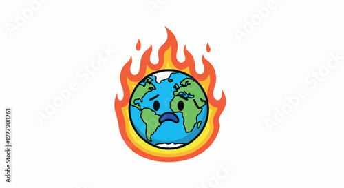 Cartoon illustration of a worried Earth engulfed in flames on a white background with a distressed expression.