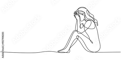 Continuous line drawing of girl covering face with hands, facial expression. Young woman in despair sitting on the bed. Frustration and depression person concept. Female suffering from depression