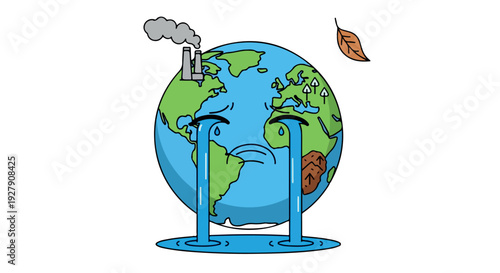 Cartoon illustration of a sad Earth with pollution pouring out of its body and a factory emitting smoke, surrounded by a white background.