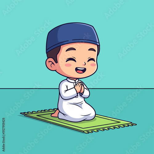 Cute cartoon young Muslim boy character kneeling on a green prayer mat, hands clasped, smiling happily, wearing traditional white thobe and blue kufi, isolated on a solid teal background.