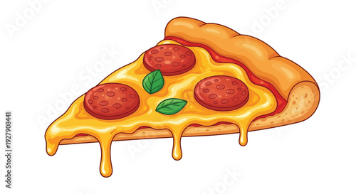 Delicious cartoon slice of pepperoni pizza with dripping melted cheese and fresh basil leaves
