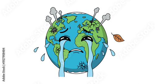 Cartoon illustration of a sad Earth with tears and pollution, conveying an environmental distress mood on a white background.
