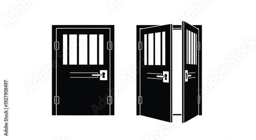 Black prison cell doors, one closed and one open, illustrating concepts of freedom, confinement, choice, entry, and exit in a stark graphic style.
