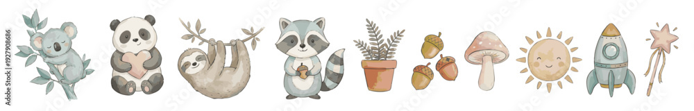 Fototapeta premium Cute watercolor woodland animals set with koala panda sloth raccoon, rocket, sun, wand, mushrooms and acorns. Collection of Vector illustrations. Perfect for invitation, card, poster, banner, decorati