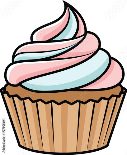 Colorful cartoon cupcake with pink and blue frosting dessert pastry