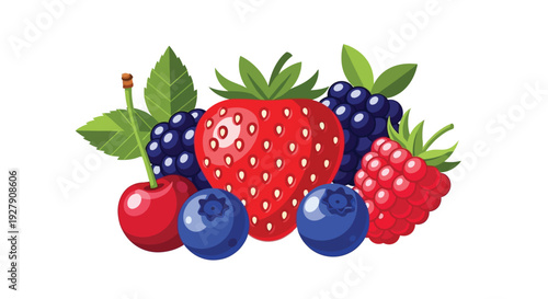A vibrant assortment of freshly picked strawberries, blueberries, raspberries, blackberries, and a juicy cherry illustration, perfect for healthy eating designs and sweet culinary projects.