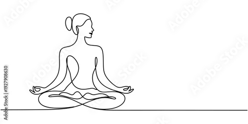 Woman sitting in lotus pose yoga. Continuous one line drawing, Women doing yoga one line drawing. Aerobic sport girl exercise for modern healthy lifestyle, women performing yoga line art.