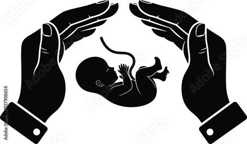 Newborn baby silhouette protected by caring hands, parenting, safety, love and family care concept, black isolated vector illustration design