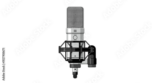 Professional studio microphone with shock mount and pop filter.