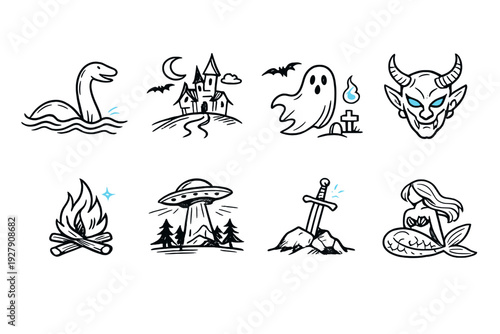 Collection of mythical creatures and spooky icons in a simple line art style
