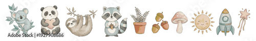Cute watercolor woodland animals set with koala panda sloth raccoon, rocket, sun, wand, mushrooms and acorns. Collection of Vector illustrations. Perfect for invitation, card, poster, banner, decorati