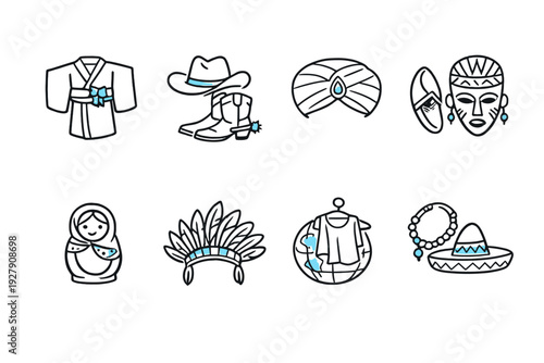 Diverse cultural attire and accessories collection, a global fashion representation