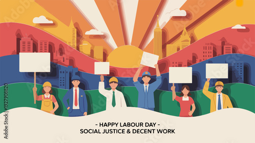 Diverse group of people holding protest signs in a cityscape on labour day for social justice and decent work