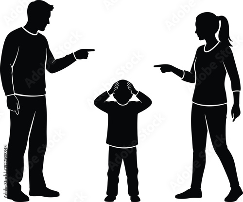 Parents arguing silhouette with stressed child, family conflict concept, parenting problem, emotional tension, black isolated vector illustration design