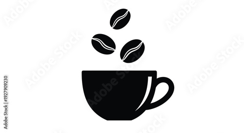 Black silhouette icon of a coffee cup with three falling beans, representing brewing, energy, and a fresh start to the day.
